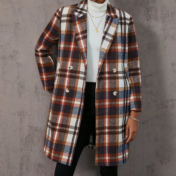 Casual Plaid Double Breasted Overcoat Rust Brown - Picture 3 of 5